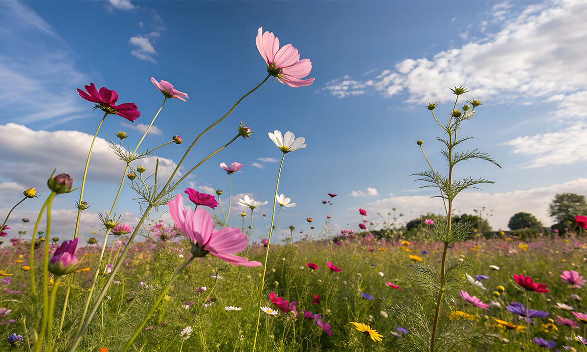 Vibrant wildflower meadow under a clear blue sky. Credit: habibur383 / Shutterstock.
