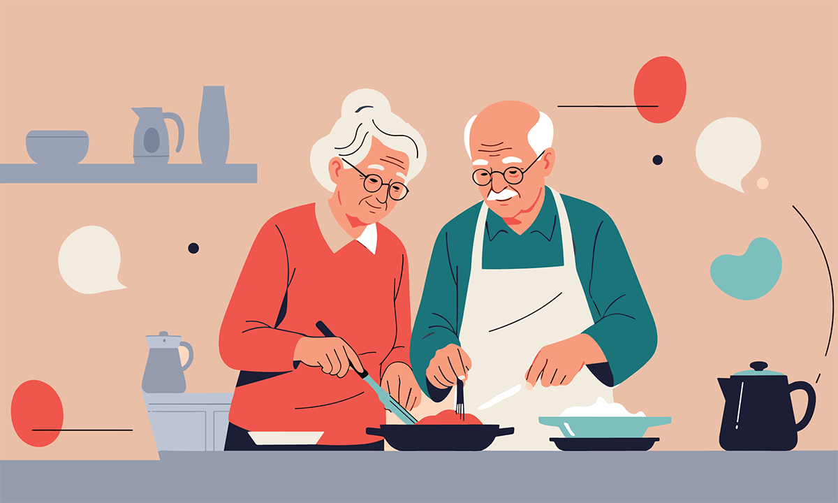 Elderly couple cooking together. Credit: Talukdar / Adobe Stock