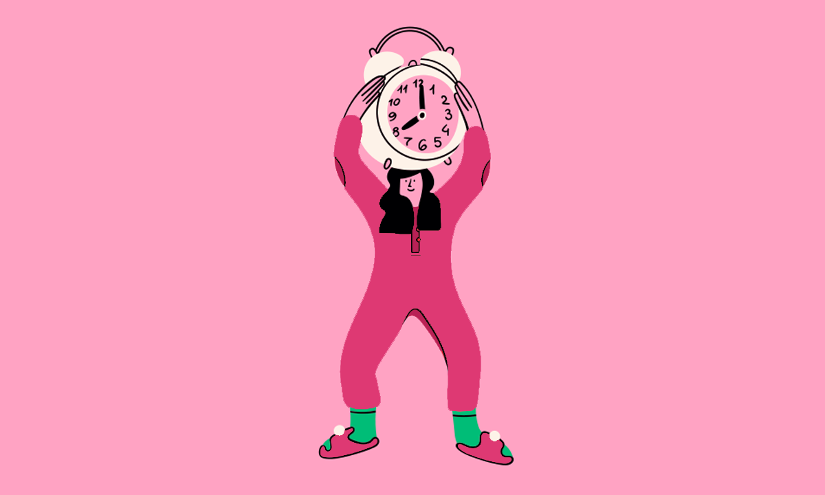 Illustration of a woman in pajamas holding up an alarm clock. Credit: Bibadash / Shutterstock.