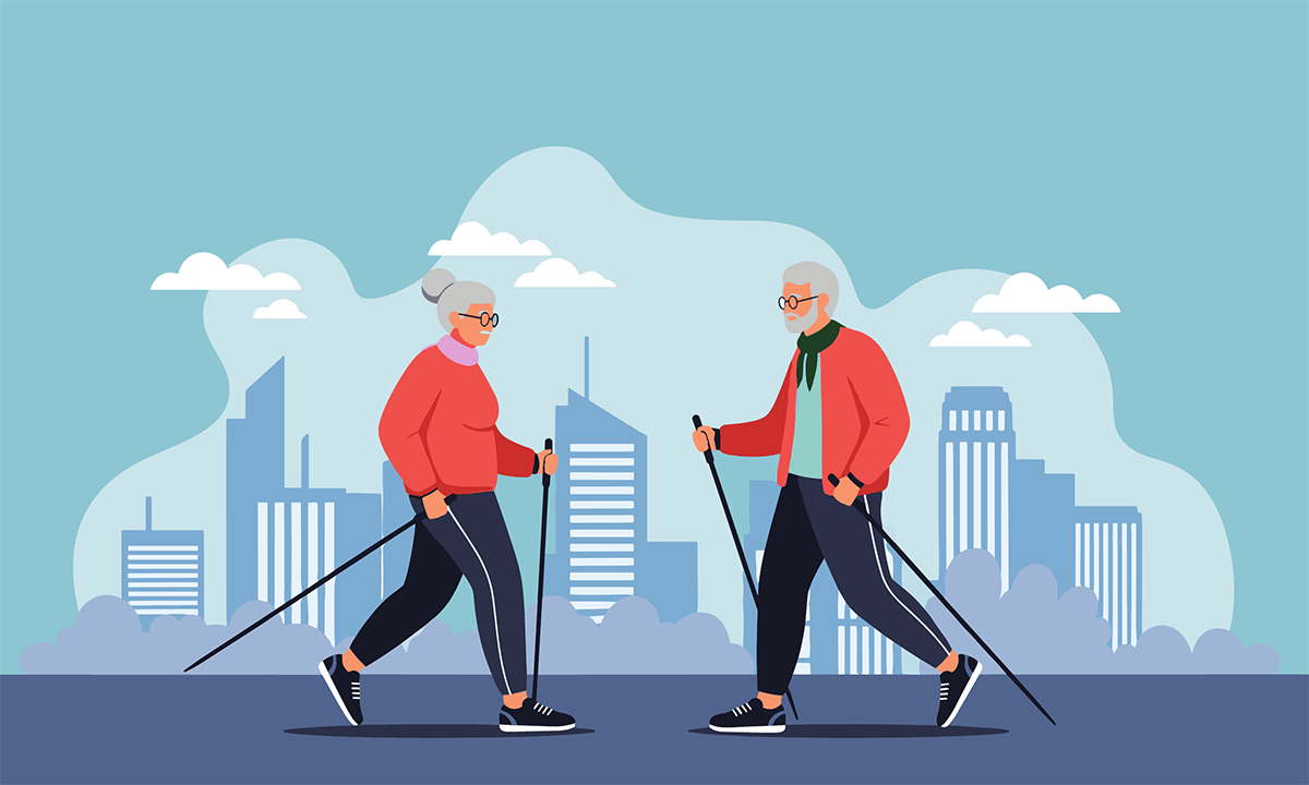 Senior couple walking with poles for exercise. Credit: Jackbin / Shutterstock.