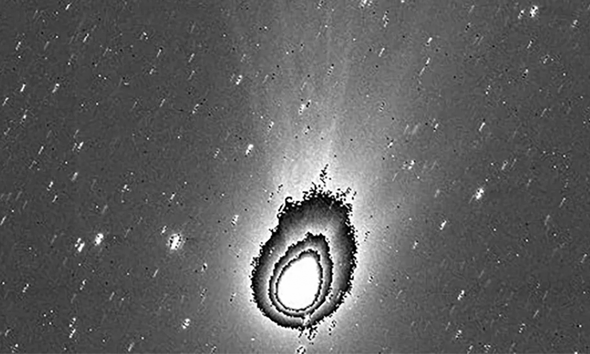 Image of comet 3I/ATLAS on 6 November 2025, captured by ESA's Juice spacecraft's JANUS science camera. Processed to reveal the structure of the comet's coma.