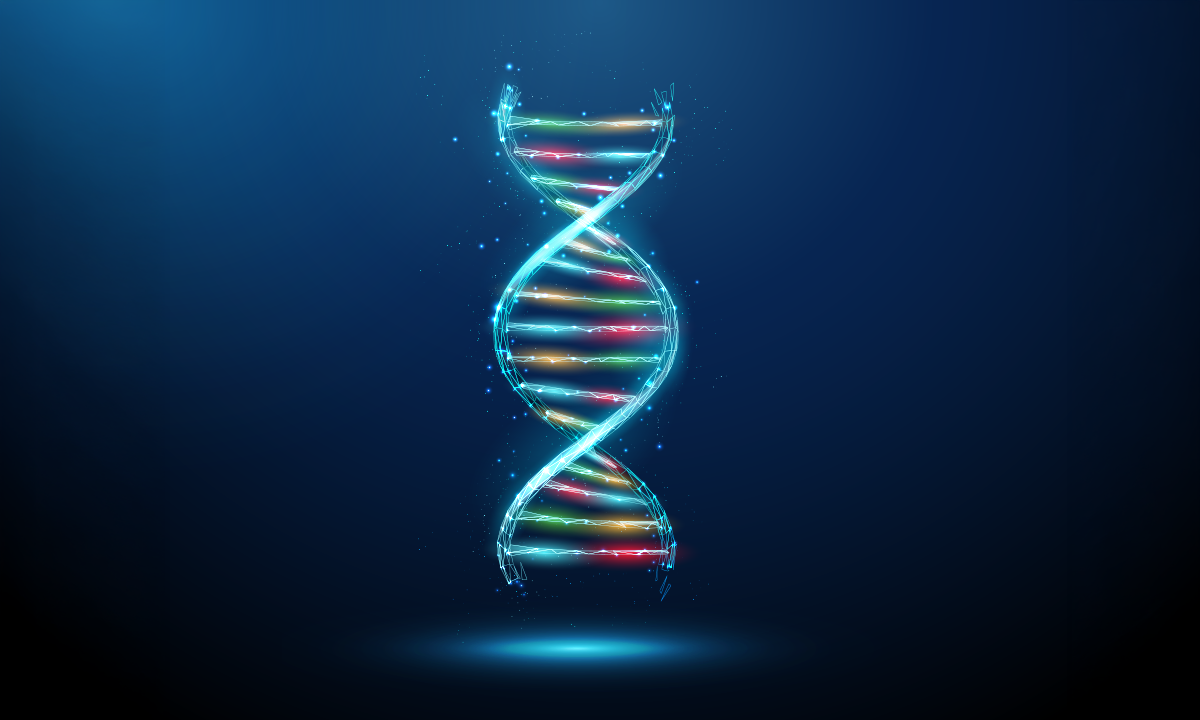 Blue 3d DNA molecule helix with ATCG structure. Credit: Butusova Elena / Shutterstock.