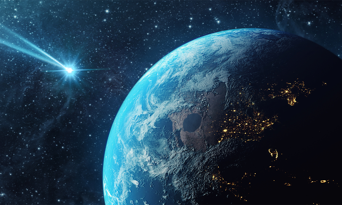 Glowing meteorite flying to planet Earth.