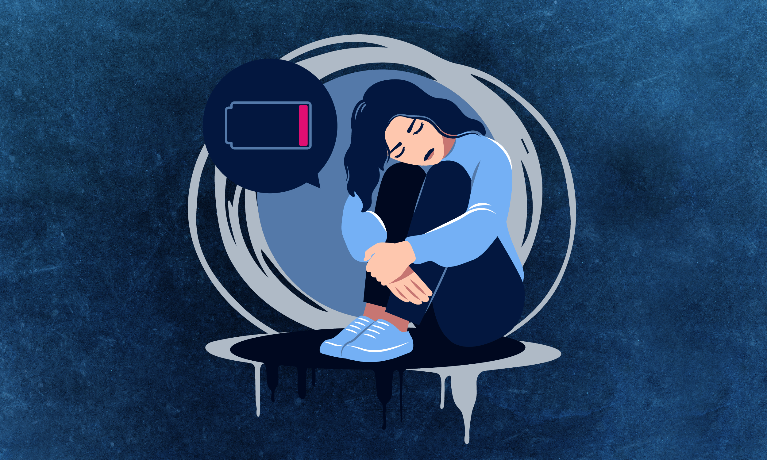 Tired woman sitting with a discharged battery. Credit: Elena Kalinicheva and AKIO75 / Shutterstock