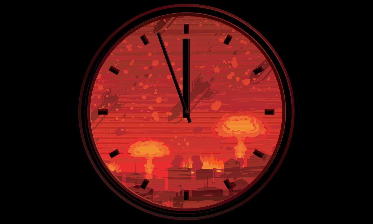 Doomsday clock showing 3 minutes to midnight against nuclear war. Credit: Taily / Shutterstock.