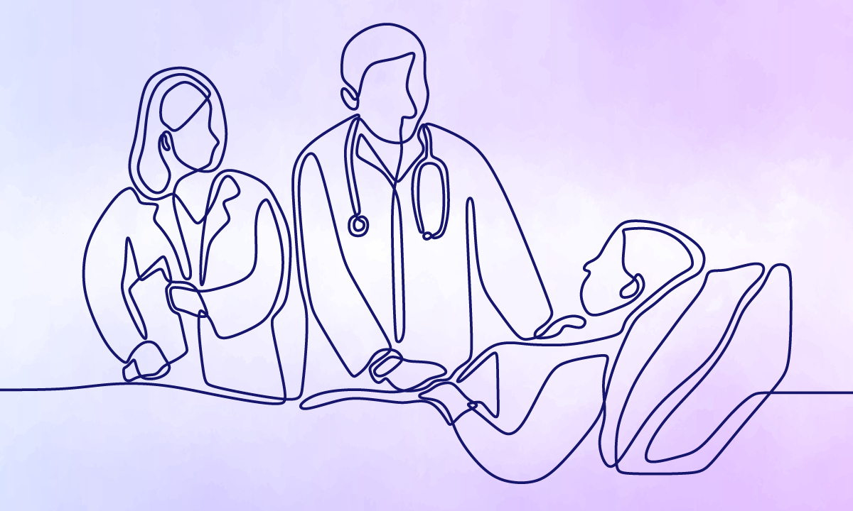 Continuous line drawing of doctors talking to a patient. Credit: ngupakarti and Sajjad / Adobe Stock