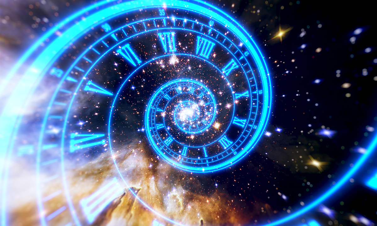 Surreal spiral clock in space. Credit: amgun / Shutterstock.