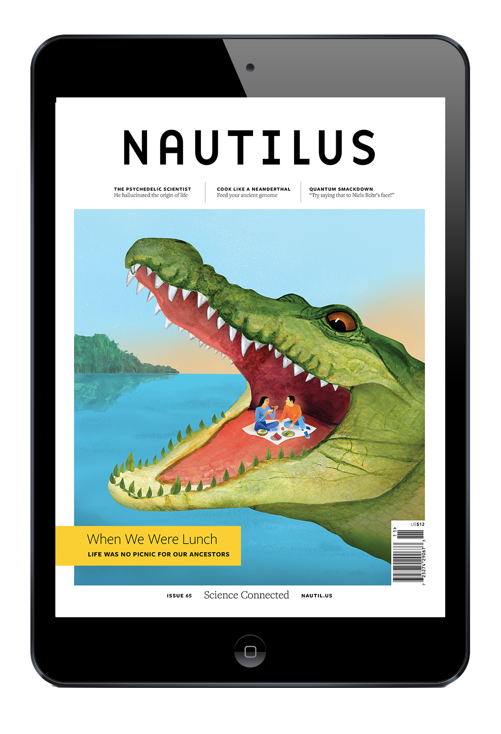The cover of Nautilus print edition 65, featuring an illustration of people having a picnic inside a crocodile's open mouth.