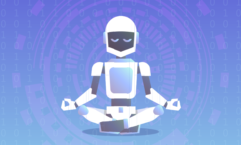 An AI robot sits crosslegged in a yoga pose