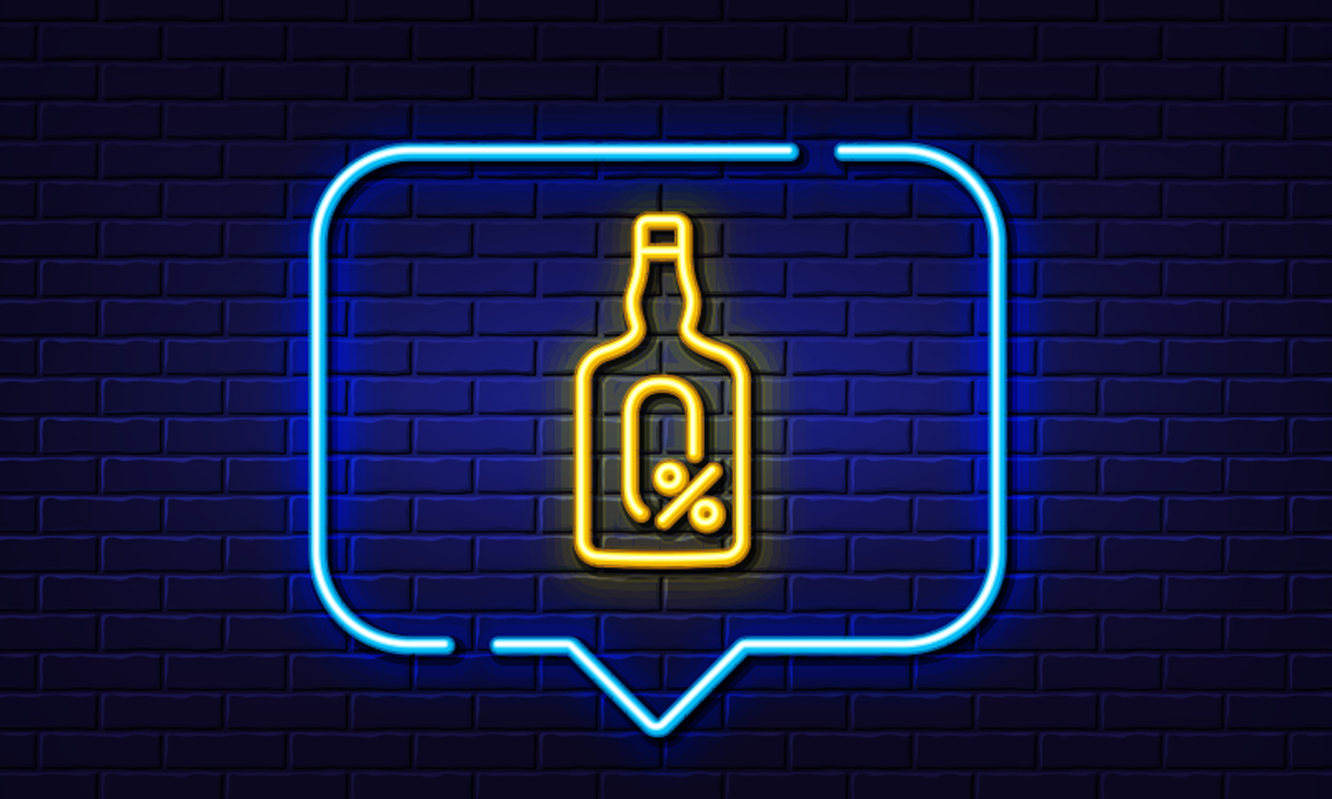 An illustration of a neon sign with a bottle of alcohol and a 0% sign.