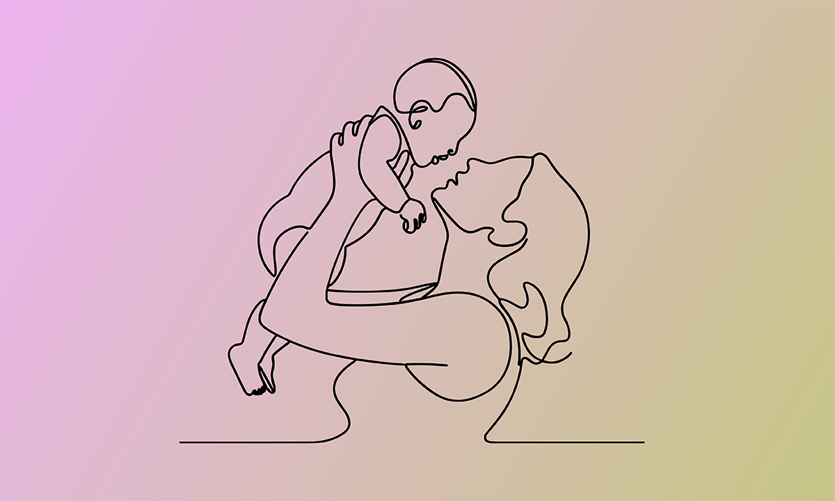 A line drawing of a mother lifting her infant up joyously
