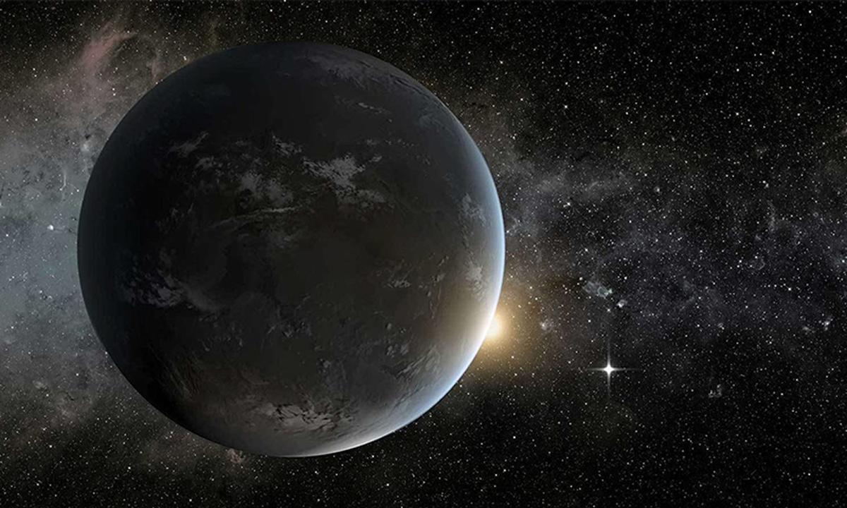 An artist’s concept of a planet orbiting in the habitable zone of a K star.