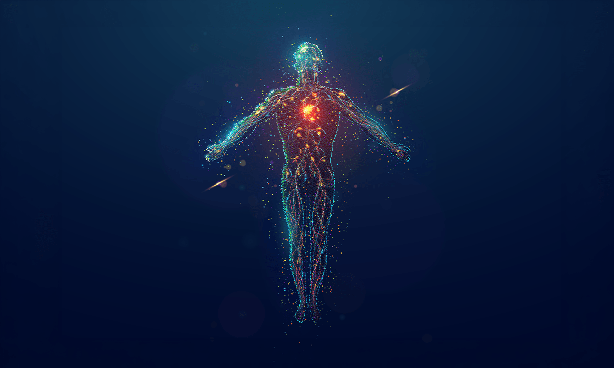 Colorful digital illustration of a human figure made of glowing particles. Credit: artacet / Shutterstock.