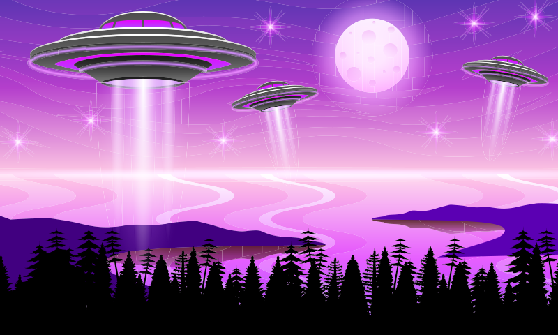An illustration of several cartoon UFOs soaring through the sky.