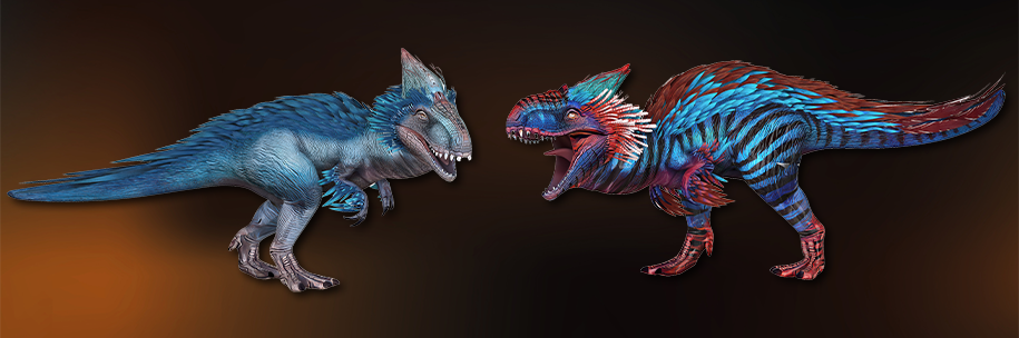 Illustrations of two brightly colored feathered dinosaur facing each other. Credit: Andrus Ciprian / shutterstock