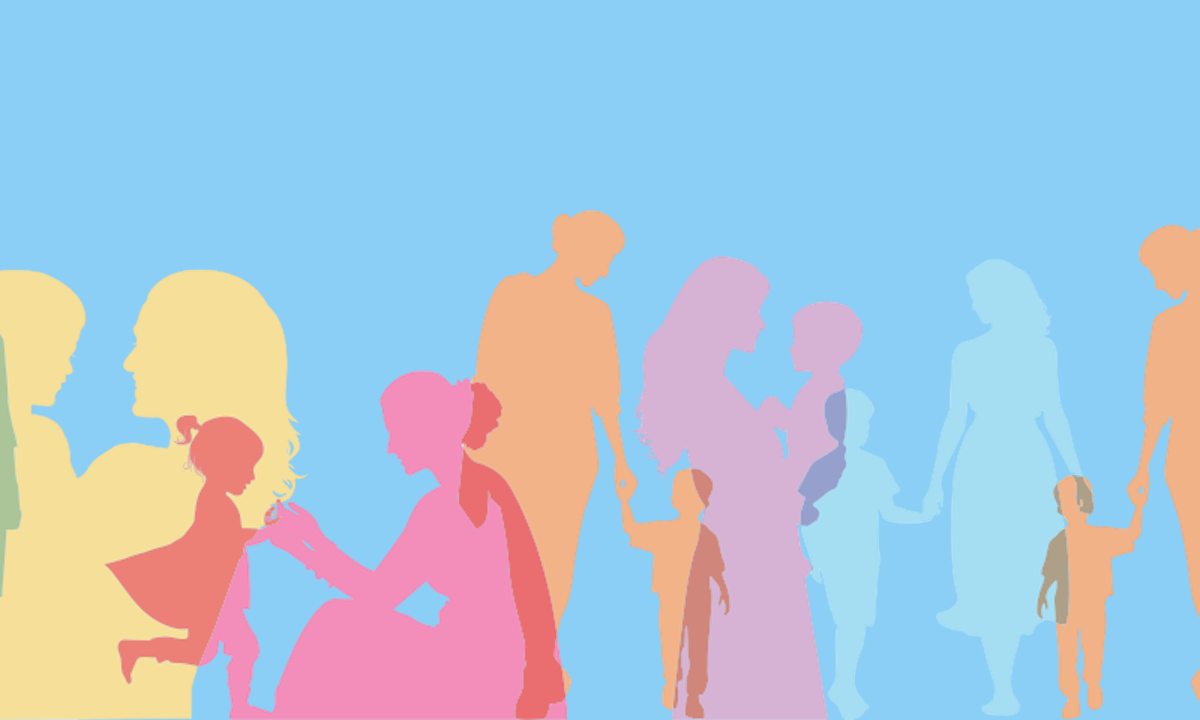 An illustration showing the colorful outlines of several mothers and children.