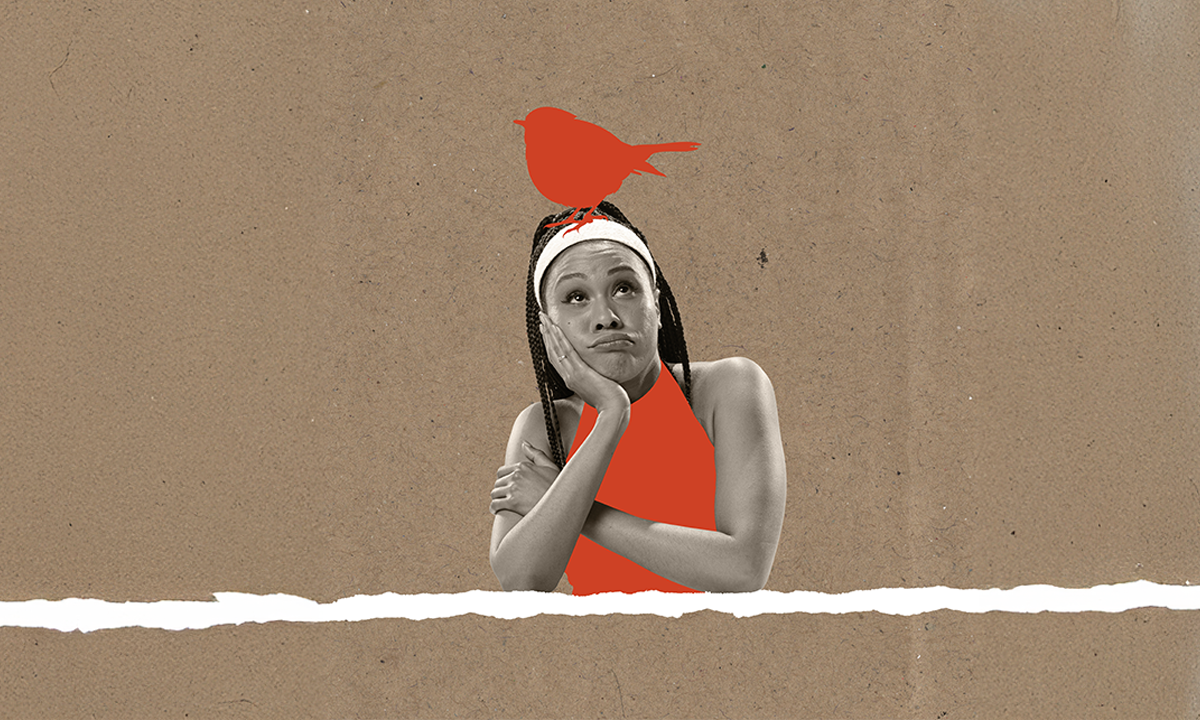 A collage style illustration of a woman looking bored.