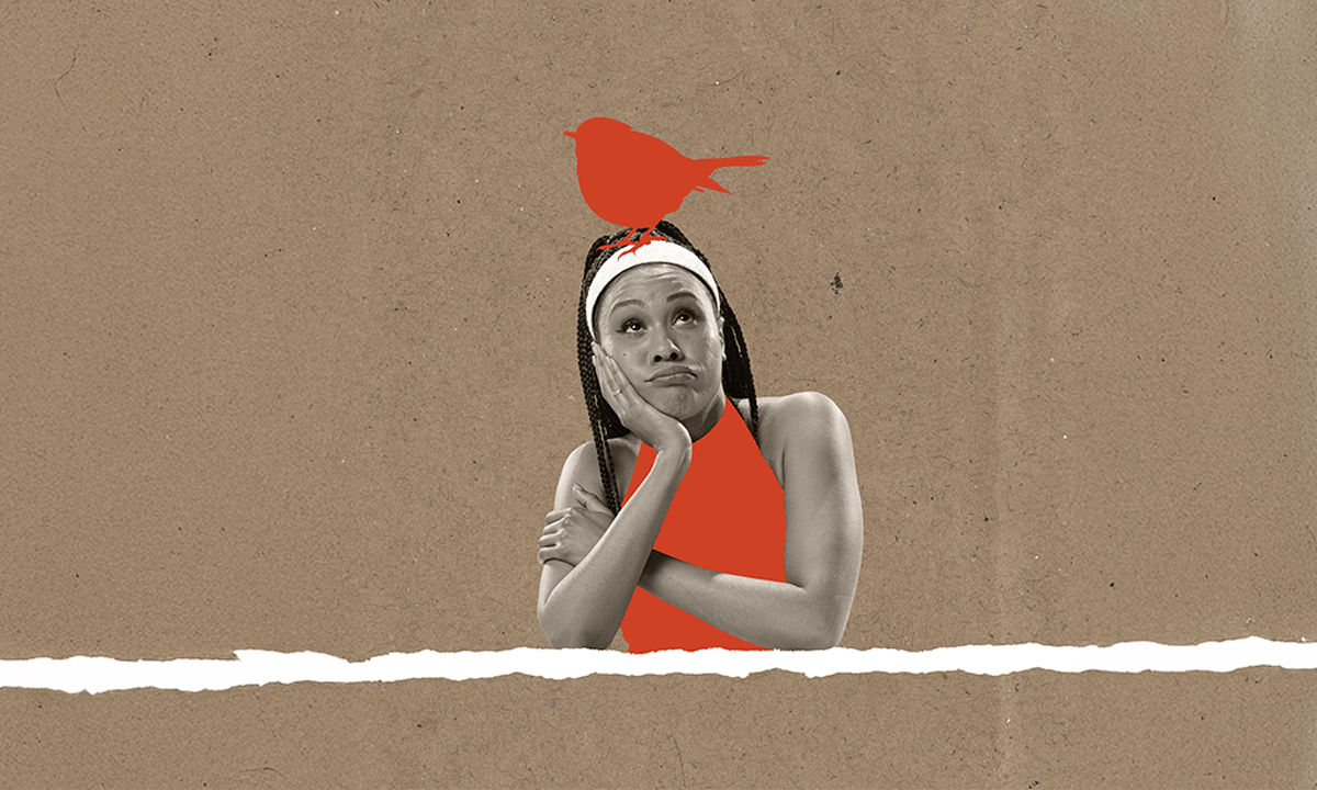 A collage style illustration of a woman looking bored.