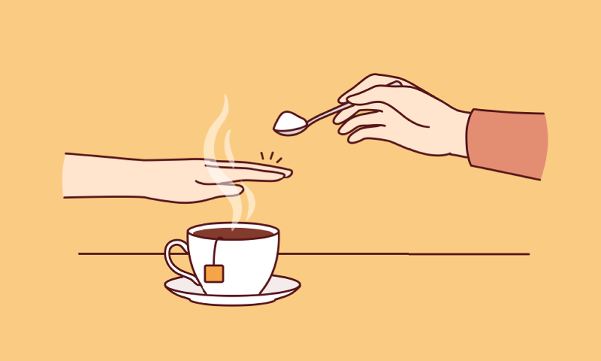 An illustration of a hand blocking a tea cup from another hand offering a spoonful of sweetener.