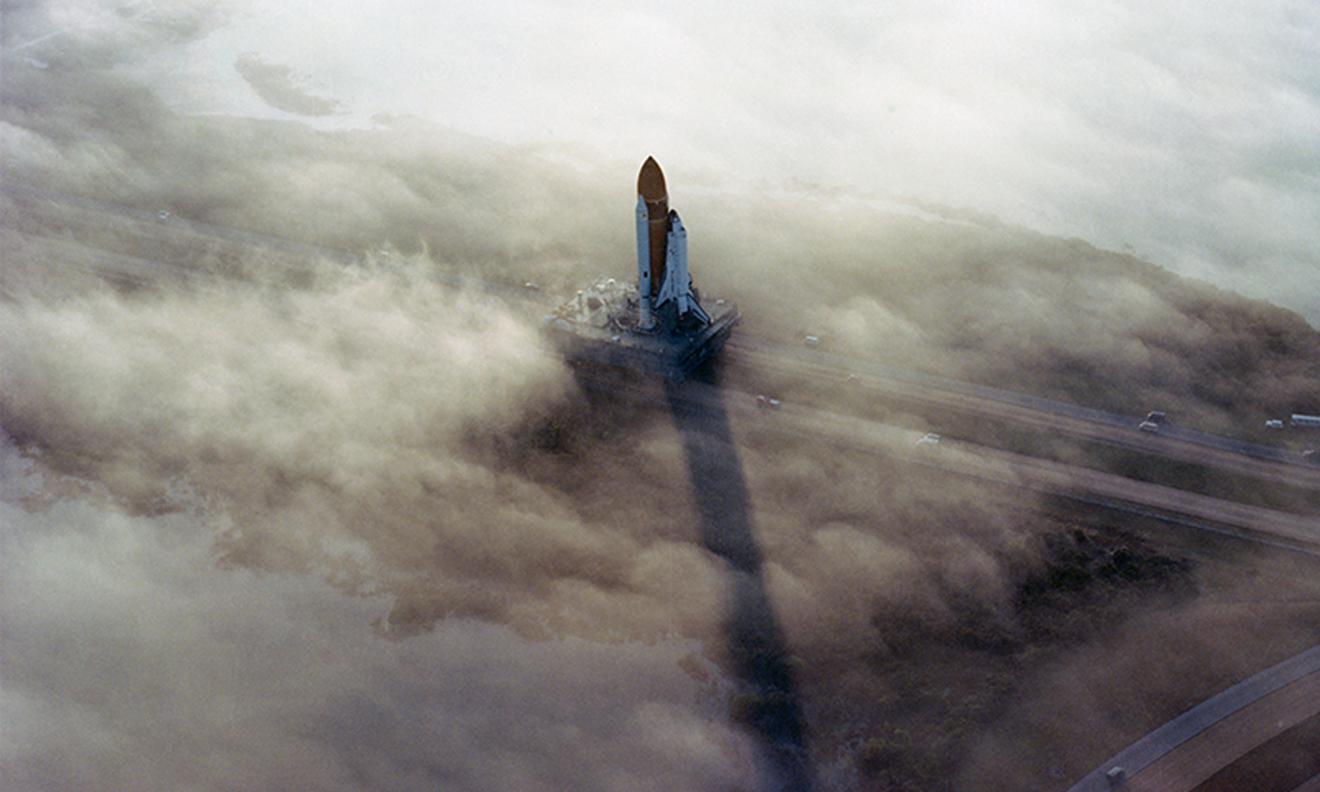 A photo of the Challenger spaceship, prelaunch.