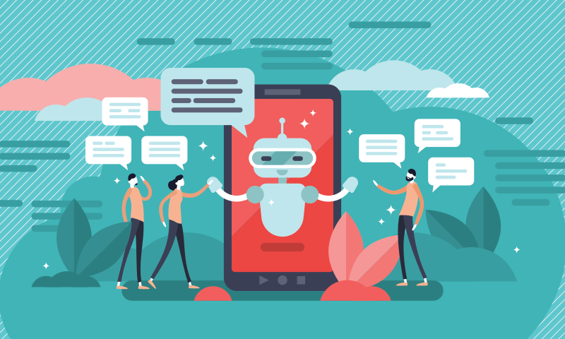 An illustration chatbot reaches out to several humans.