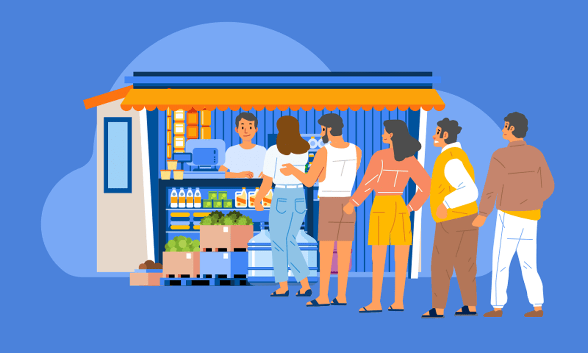 An illustration of people waiting in line at a food stand.
