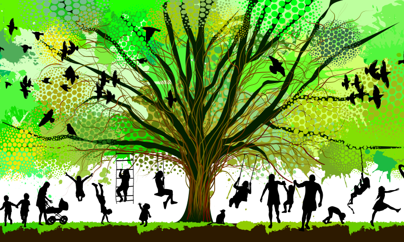 Illustration of the silhouettes of children playing in and under a green leafy tree.
